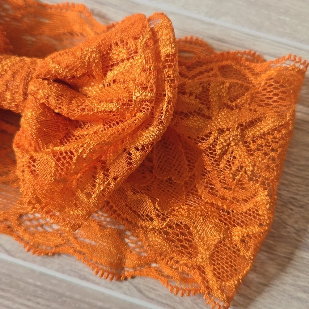 Set of 2 Wide Lace Bow Headbands Orange & Red Stretch Hairband Handmade Bundle